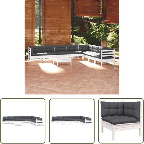 The Living Store Salon de jardin 9 pcs avec coussins blanc bois de pin massif - Salon De Jardin - Mobilier De Jardin - Ensemble Salon De Patio - Meubles De Terrasse - Set Salon De Jardin (1/5)