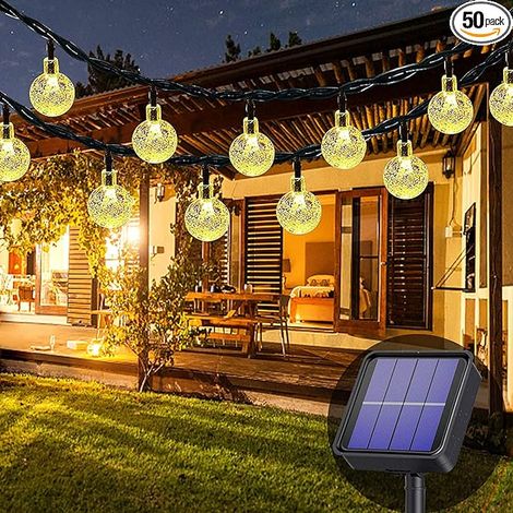Guirlande lumineuse solaire (lumière blanc chaud), 7 m, 50 LED, étanche, 8 modes d'éclairage, idéale pour décorer jardin, terrasse et réceptions de mariage. (1/4)