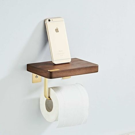 Porte-Papier Toilette Mural avec Etagère en Bois Rétro. Or Brossé