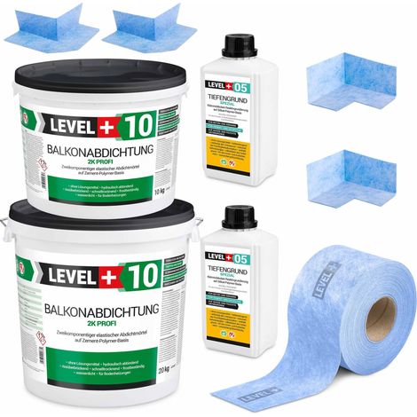 LEVEL+ Dichtset 30kg Balkonabdichtung 2K Badabdichtung Dichtband Tiefengrund SET32 (1/5)