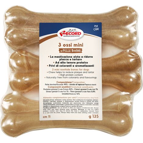 3 ossa mini termoretratte in pelle bovina da masticare per cani