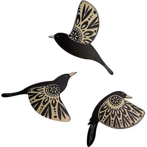 Lot de 3 décorations murales en bois représentant des oiseaux noirs en vol, pour salle de bain (1/4)