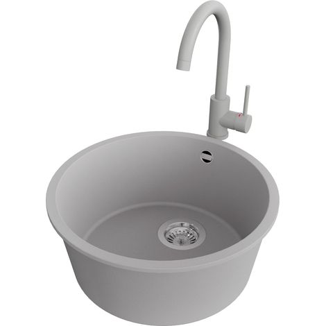 PRIMAGRAN Evier cuisine Granit Rond 46x46cm,Evier 1 bac + Robinet 32x20cm + Kit de Vidage, Lavabo Cuisine au meuble 50cm - La Valette Slim, Gris (1/5)