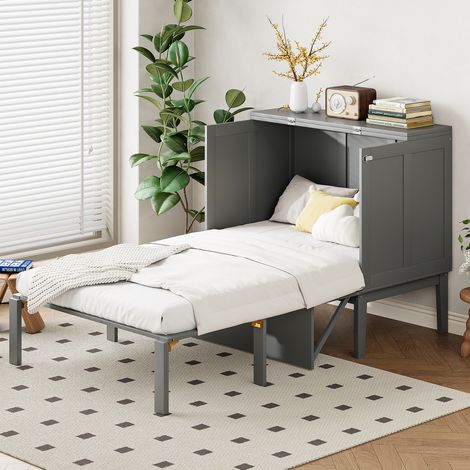 Bett Schrankbett 90x200 cm modern, grau, aus Holz, vertikales Klappbett mit Lattenrost und Stauraum unten (1/5)