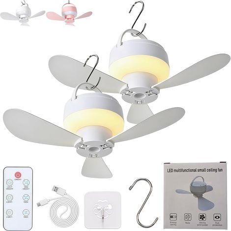 Pack 2 Ventilateurs de Camping LED, 5 Vitesses et 3 Niveaux de Luminosité-Blanc (1/5)