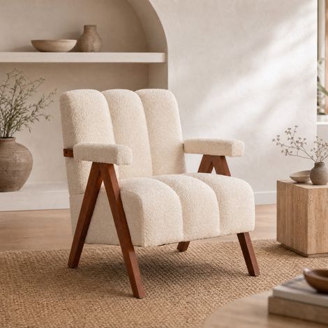 Fauteuil 77x68,4x77 cm beige, dossier segmenté, structure en bois de chêne, tissu bouclé MEUBLIV (1/5)