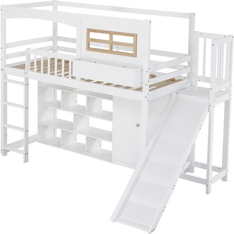 Letto a soppalco per bambini 90 x 200 cm bianco con scivolo, barriera, armadio e vano MODENUIT (1/5)
