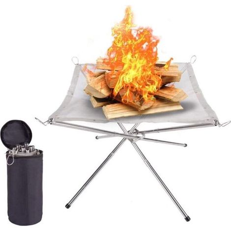 Foyer portatif pliable en maille d'acier inoxydable avec sac de transport pour feu de camp d'extérieur résistant à la chaleur pour camping, barbecue, pique-nique,424232cm,DUBUNS