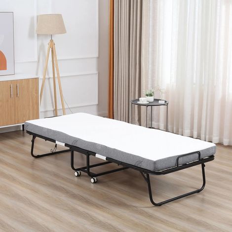 Lit pliant d'appoint en acier blanc avec roulettes, matelas en mousse, 200x80x42,5 cm (1/5)
