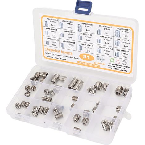 Kit 51 pièces de réparation de filetage M5 à M8 en acier inoxydable, inserts à visser avec boîte de rangement (1/5)