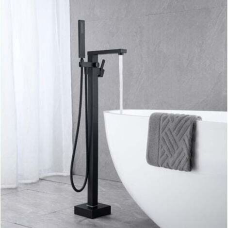 Bathtub Faucet with Hand Shower, Waterfall Bathtub Faucet, Freestanding Floorstanding Bathtub Mixer with Handle, Black (Inground Installation) (1/5)