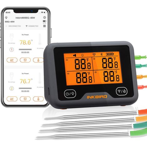 INKBIRD IBBQ-4BW Thermomètre de cuisine Wifi Bluetooth Thermomètre Barbecue Rechargeable Magnétique Avec 4 Température Sonde Alarme (1/5)