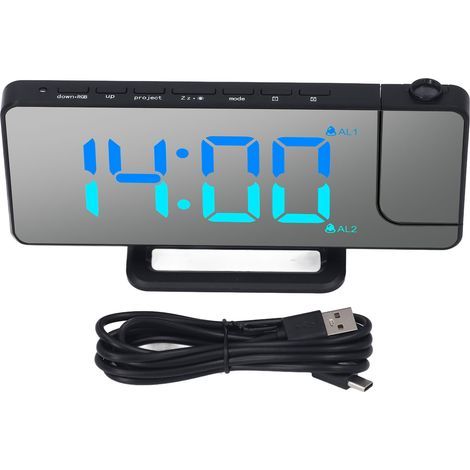7,4-Zoll-LED-Digitalwecker mit Spiegelprojektion, RGB-Lichtprojektor, USB-C-Anschluss und schwarzer Abdeckung
