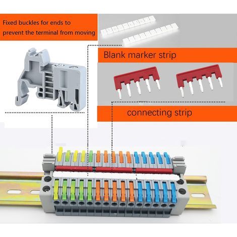 Kit de Bornier de Rail DIN, 15 Pcs Connecteur électrique Avec Levier de Fonctionnement (Bleu, Rouge, Vert), Avec Repérage Numérique et Bande de Connexion 3 Pcs (5 Pin), Module Fixe 2 Pcs (1/4)