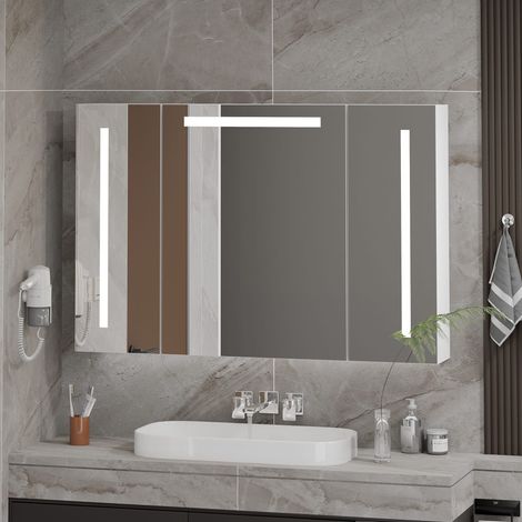 Armoire de Salle de Bain à 3 Portes avec Miroir LED, 3 Températures de Lumière, Commande Tactile, Grand Rangement, 90x60cm (1/5)