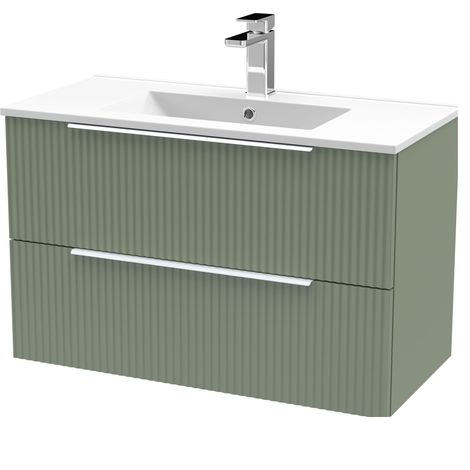 Tixall Fluted 2 Drawer Wall Hung Vanity Unit with Minimalist Basin, Satin Green, 800mm