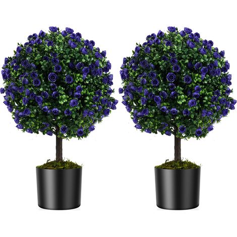 Lot de 2 Boules de Roses Artificielles de 55 cm avec Pot en Ciment, Rosiers Artificiels Violets, Arbustes Artificiels pour Intérieur,Extérieur (1/5)
