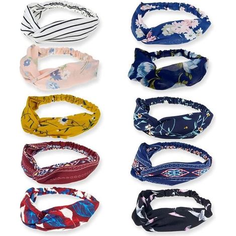 10 Pièces Bandeau Cheveux pour Femmes Boho Bandeaux Vintage Fleur Imprimé Noué Élastique Bande de Cheveux Extensible Tête Wrap