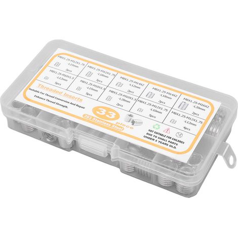 Lot de 33 inserts filetés M8x1.25 acier inoxydable, douilles de réparation et réducteurs de filetage, assortment pour meuble et bois tendre (1/5)