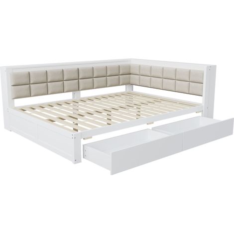 Cama diván 140 x 200 de pino blanco con 2 cajones y cabecero tapizado HOMVRA (1/5)
