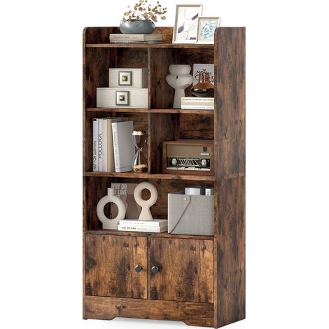 COSTWAY Bookshelf Freestanding Bookcase with Doors & 2 Storage Cabinets-Coffee (1/5)