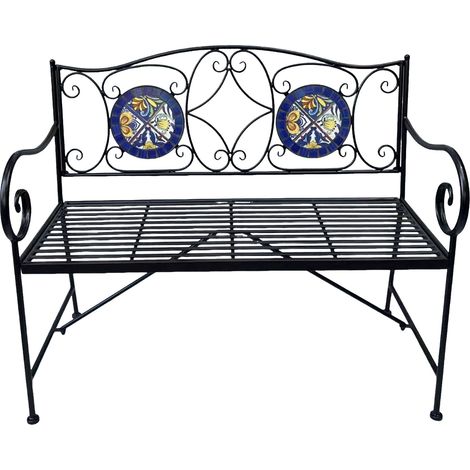 Axi Margot Banc De Jardin En Mosaïque, Bleu/Jaune Assise En Métal Avec Carreaux De Mosaïque En Céramique Banc D'Extérieur Avec Dossier Pour 2 Personnes 107 X 54 X 92 Cm
