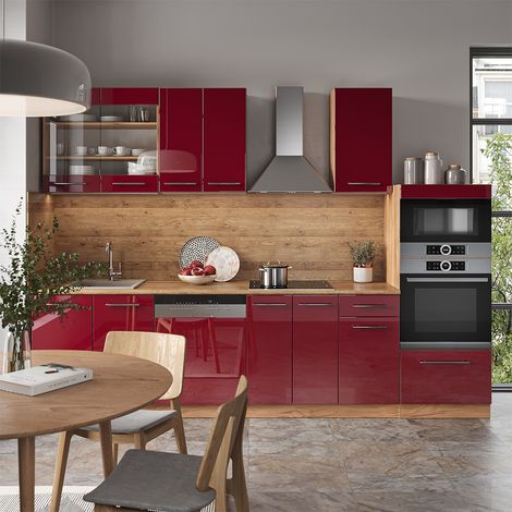 Mueble de cocina Fame-Line, Burdeos brillo intenso/roble dorado, 300 cm con armario alto, ET Antracita, Vicco