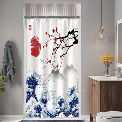 90 x 180 cm rideau de douche japonais mont Fuji Sakura coucher de soleil asiatique rideau de douche salle de bain Décoration paysage ondulé peinture (1/5)