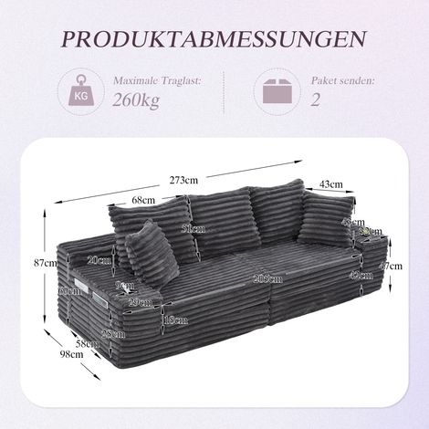 Canapé de compression velours côtelé,dossier haut et coussins. Avec poches latérales,porte-gobelets,convertible en canapé-lit gris foncé. (1/5)