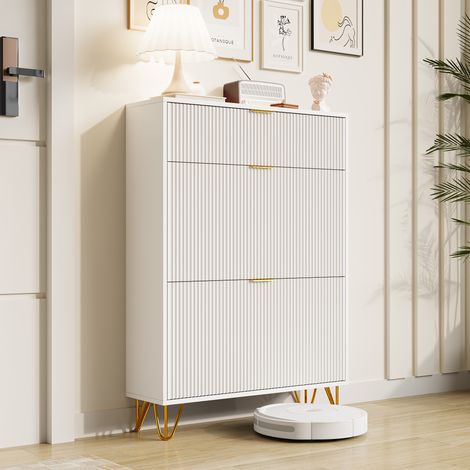 Meuble à Chaussures à 3 Niveaux 80cm, Armoire à Chaussures avec 3 portes en bois pour entrée, Range-Chaussures Minces,avec poignées et pieds dorés, pour jusqu'à 20 paires de chaussures - Blanc (1/5)