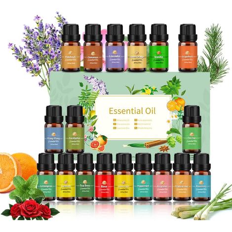 Huiles Essentielles 18 x 10 ml, Pour Diffuseur Arbre à thé Lavande Eucalyptus Encens Citronnelle Romarin Orange Menthe Citron Bergamote Ylang-ylang Camomille Rose Sauge etc. (1/5)