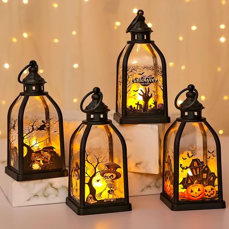 Lot de 4 lanternes citrouilles décoratives pour Halloween avec bougie LED, 13 cm de haut, lanterne citrouille à suspendre, lanterne décorative d'Halloween pour l'automne et l'extérieur, lumière blanc (1/5)