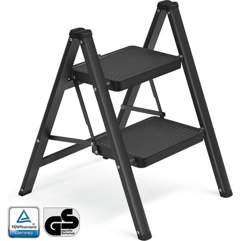 Escabeau pliable 2 marches capacité 150 kg facilement rangeable design moderne 55 x 43,4 x 61,8 cm en acier noir (1/2)