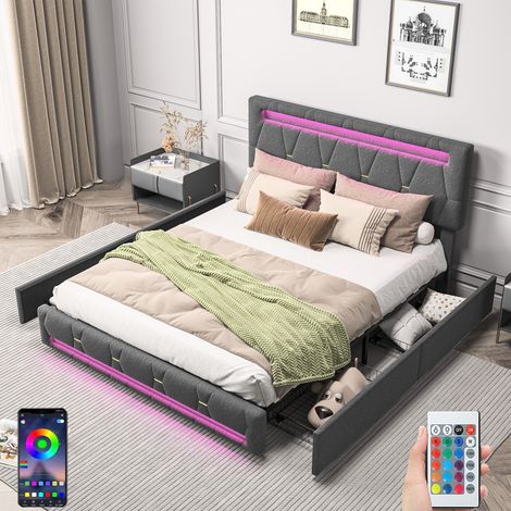 Doppelbett 160x200 cm, mit LED-Licht, 4 Aufbewahrungsschubladen, höhenverstellbarem Kopfteil, Lattenrost aus Holz, gepolstertes Bett aus Leinen – Grau