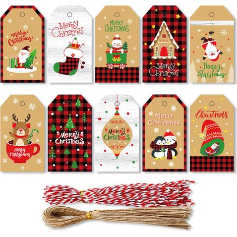100 pièces 10 designs d étiquettes cadeaux Noël étiquettes Noël ficelle jute ficelle coton l emballage cadeaux décoration d arbre (1/4)