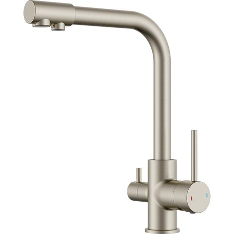 Robinet Cuisine, Mitigeur Cuisine 3 Voies à Deux Poignées avec Bec Verseur D'eau Potable et Pivotant à 360°, Acier Inoxydable (1/5)