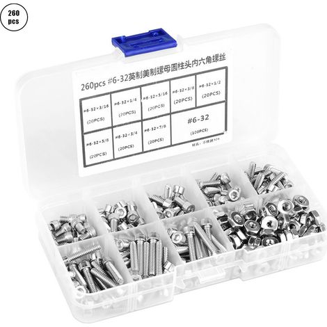 Assortiment de 260 vis et écrous à tête hexagonale creuse en acier inoxydable n° 6-32