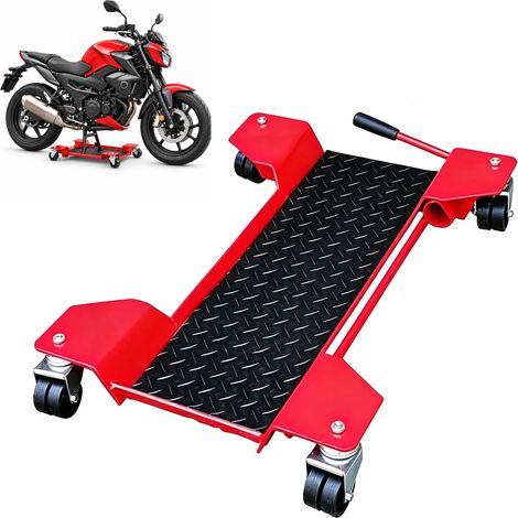 Relaxdays Motorrad Rangierhilfe, bis 250 kg, 360° schwenkbar, 4 Doppellenkrollen, 56 x 19 cm Rangierplatte, Stahl, rot (1/5)