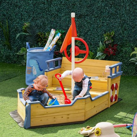 Bac à sable en bois enfants en forme navire pirate compartiment rangement - Dimensions: 158x78x45,5 cm