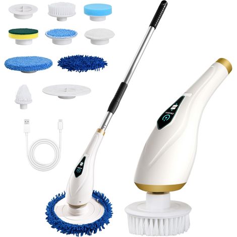 Brosse Nettoyage Électrique Rotative avec Tige Télescopique et 8 Têtes Interchangeables - Pour Salle de Bain, Sol, Cuisine