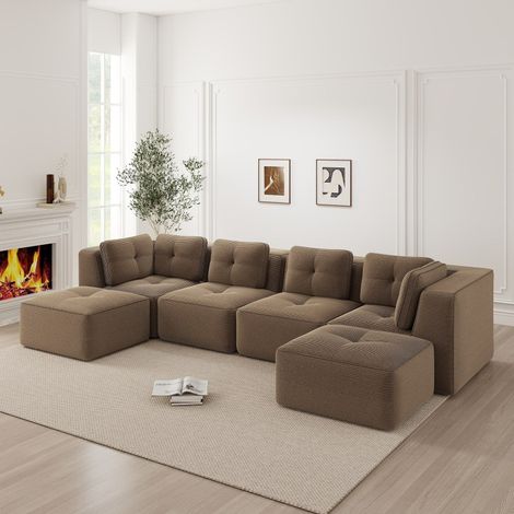 Canapé d’angle modulable en U avec pouf, assise profonde, velours côtelé, sans montage, marron