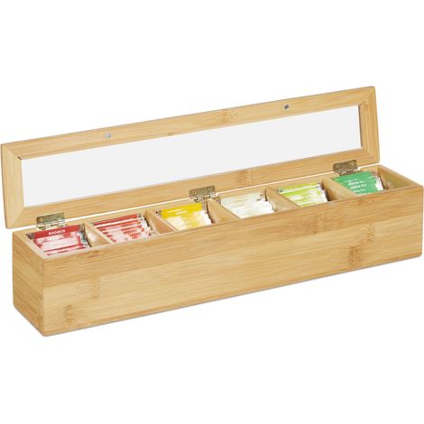 Relaxdays Teebox Bambus, 6 Fächer, 72 Teebeutel, Klappdeckel, Aromaschutz, längliche Teekiste, HBT: 9 x 44 x 9 cm, natur