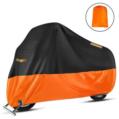 Housse de Protection Impermeable pour Moto Scooter Couverture Extérieur 210D Résistant aux déjections d'oiseaux, à la Poussière/ Neige/ Pluie, au Vent, Soleil, XXL 245x105x125cm Noir+Orange