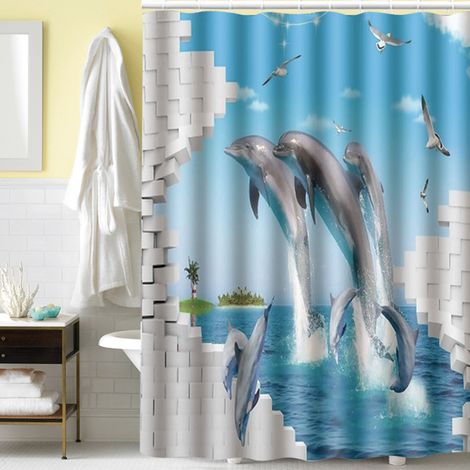 Rideau de douche imprimé dauphin 180 x 180 cm, en polyester imperméable. Accessoire de salle de bain. (1/5)