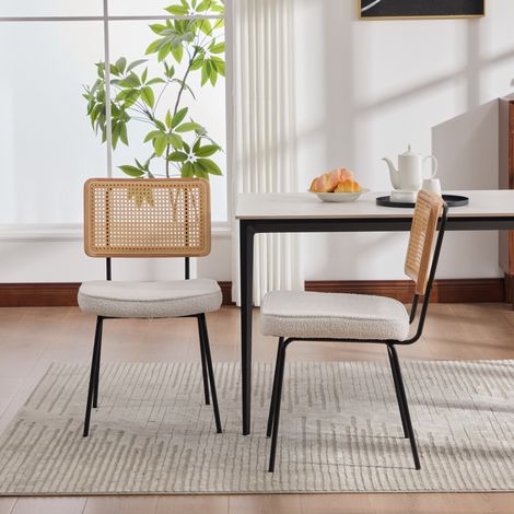 Chaises de salle à manger modernes lot de 2, chenille, sans accoudoirs, dossier bois massif, aspect rotin, pieds métal réglables - ivoire (1/5)