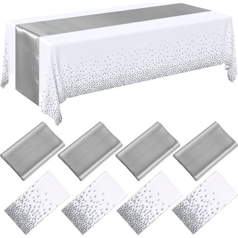 Nappe Jetable - 137 x 274 cm - Bandeau Décoratif Table - 30 x 275 cm - Blanc Argenté - Lot de 8 Pièces (4 Nappes + 4 Bandeaux) (1/4)