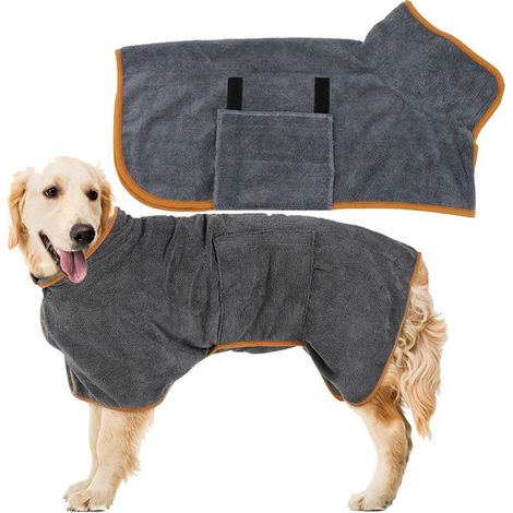 Bata de baño para perros - Talla L - 80 × 34 × 33 cm - Bata de microfibra para perros - Cierre de velcro - Gris (1/5)