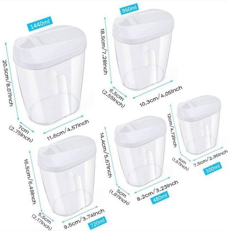 Boîte de Conservation - Céréales - Rangement Alimentaire Hermétique - Sans BPA - Transparente - Pour Cuisine Réfrigérateur Lave-Vaisselle - 5 Pièces (1/5)