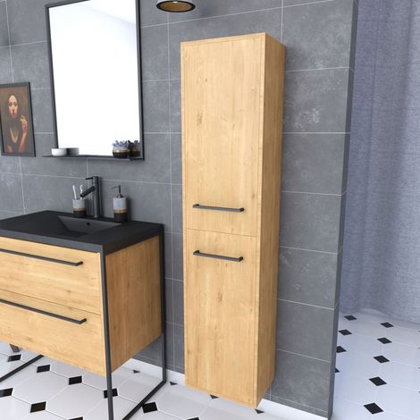 Colonna da bagno in rovere marrone 30x35x150 - 2 ante rovere marrone e maniglie nero opaco