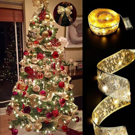 Guirlande lumineuse de 9,75 m (32 pi) avec 100 LED, fil de laiton, arche colorée pour décoration de sapin de Noël, mariages, fêtes (lumière chaude dorée, fonctionne sur piles avec télécommande) (piles